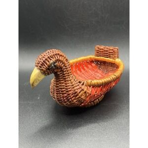 Vintage Woven Wicker Duck Bird Basket Bowl w/ Wooden Beak - 6" Long